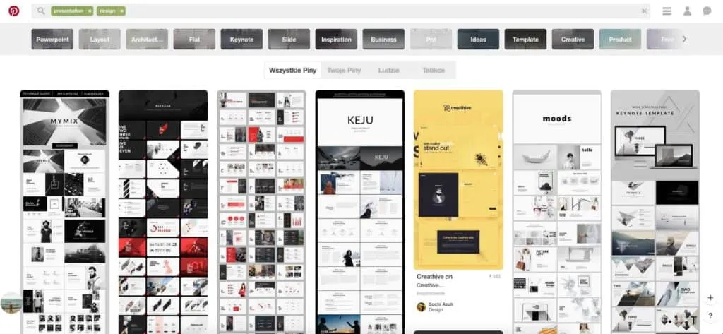 Wyniki wyszukiwania w Pinterest dla szablonów prezentacji z hasłami presentation i design