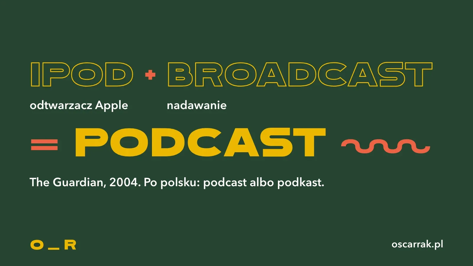 Skąd słowo podcast: iPod plus broadcast daje podcast; nazwa z artykułu w The Guardian z 2004 roku, po polsku poprawnie podcast albo podkast