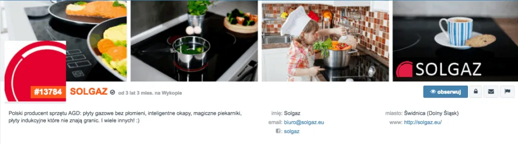 Profil firmy Solgaz na Wykopie z kuchennymi zdjęciami w nagłówku i opisem sprzętu AGD