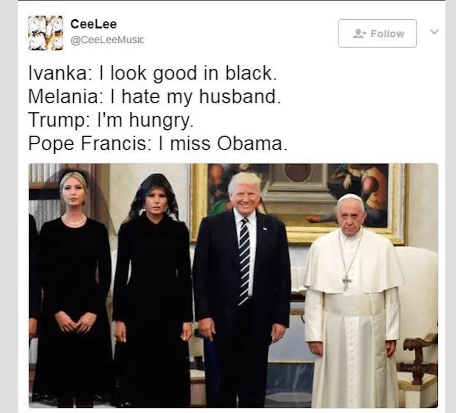 Tweet z podpisami do zdjęcia Trumpa z rodziną u papieża, papież tęskni za Obamą