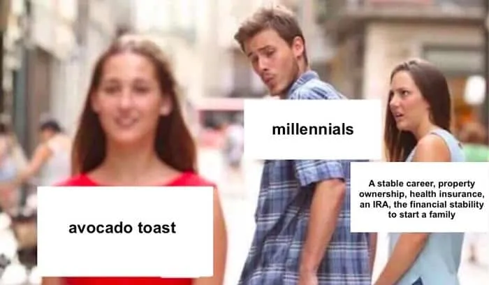 Mem Distracted Boyfriend o millenialsach, którzy wybierają avocado toast zamiast stabilnej kariery
