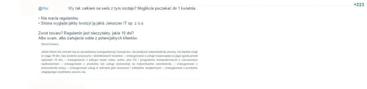 Komentarz na Wykopie krytykujący brak regulaminu i zasad zwrotu towaru na stronie firmy