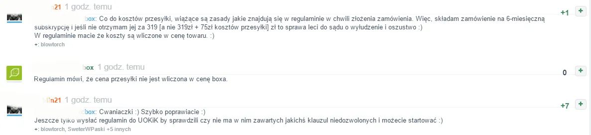 Komentarze na Wykopie o kosztach przesyłki w regulaminie sklepu i zwrocie towaru