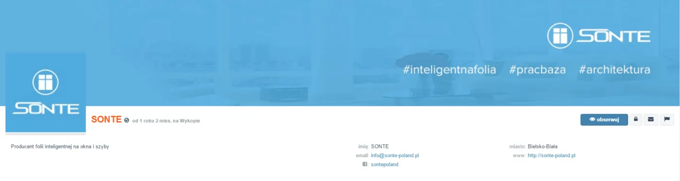 Profil firmy Sonte, producenta inteligentnej folii na szyby, na Wykopie